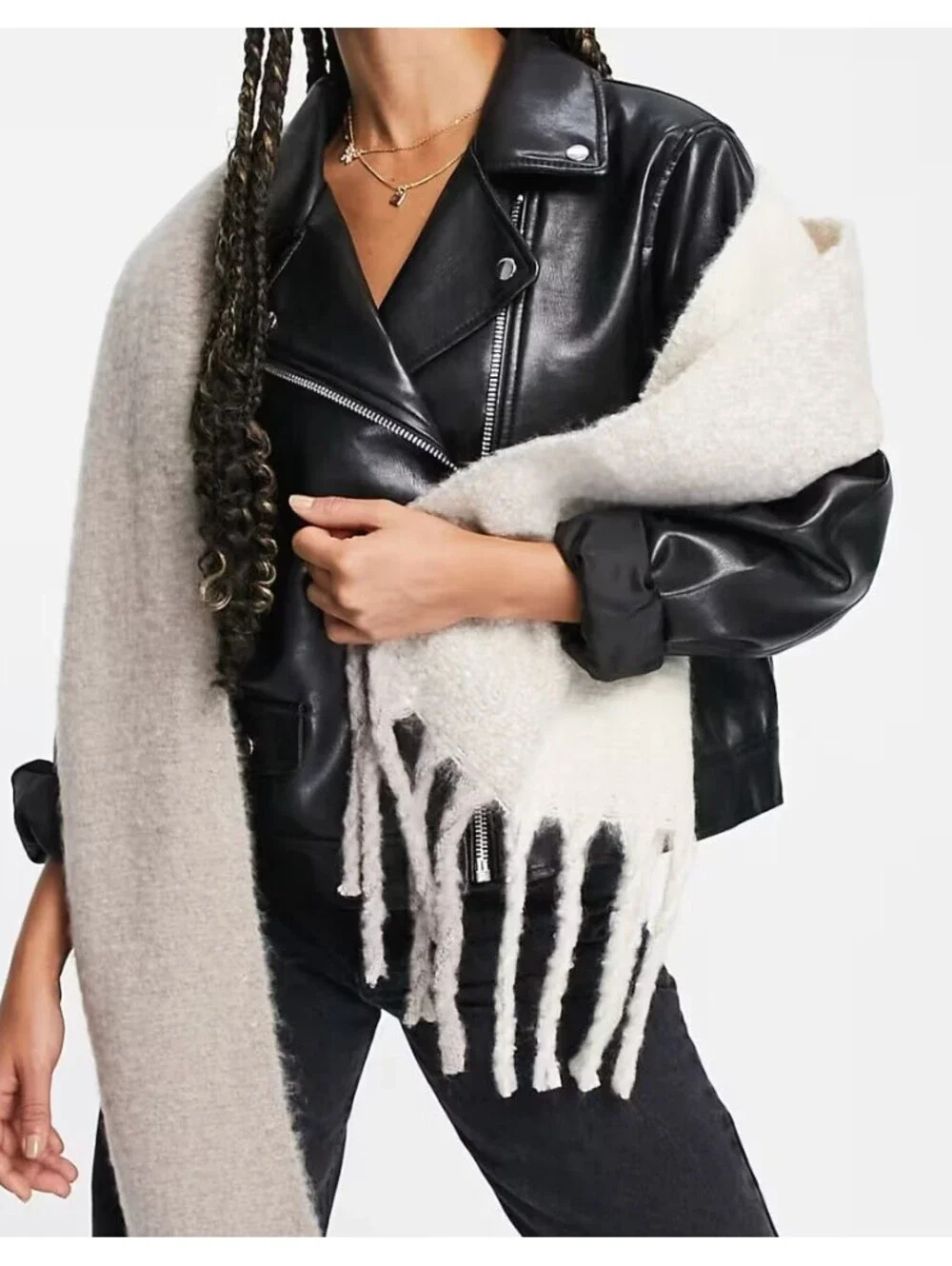 ASOS DESIGN Beige Two Tone Fluffy Tassel Scarf Oversized Winter Wrap One Size